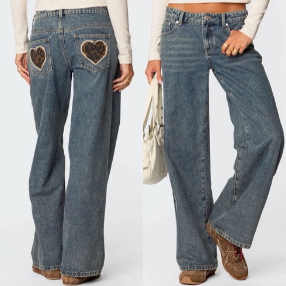 Edikted Leopard Heart Low Rise Baggy Jeans Women’s XL NWT